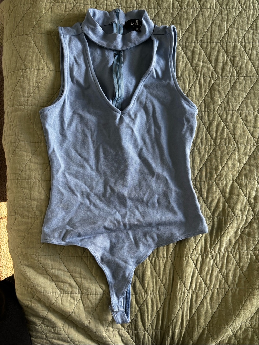 Lulu's Pale Blue Sleeveless Mock Neck Zip-Front Bodysuit